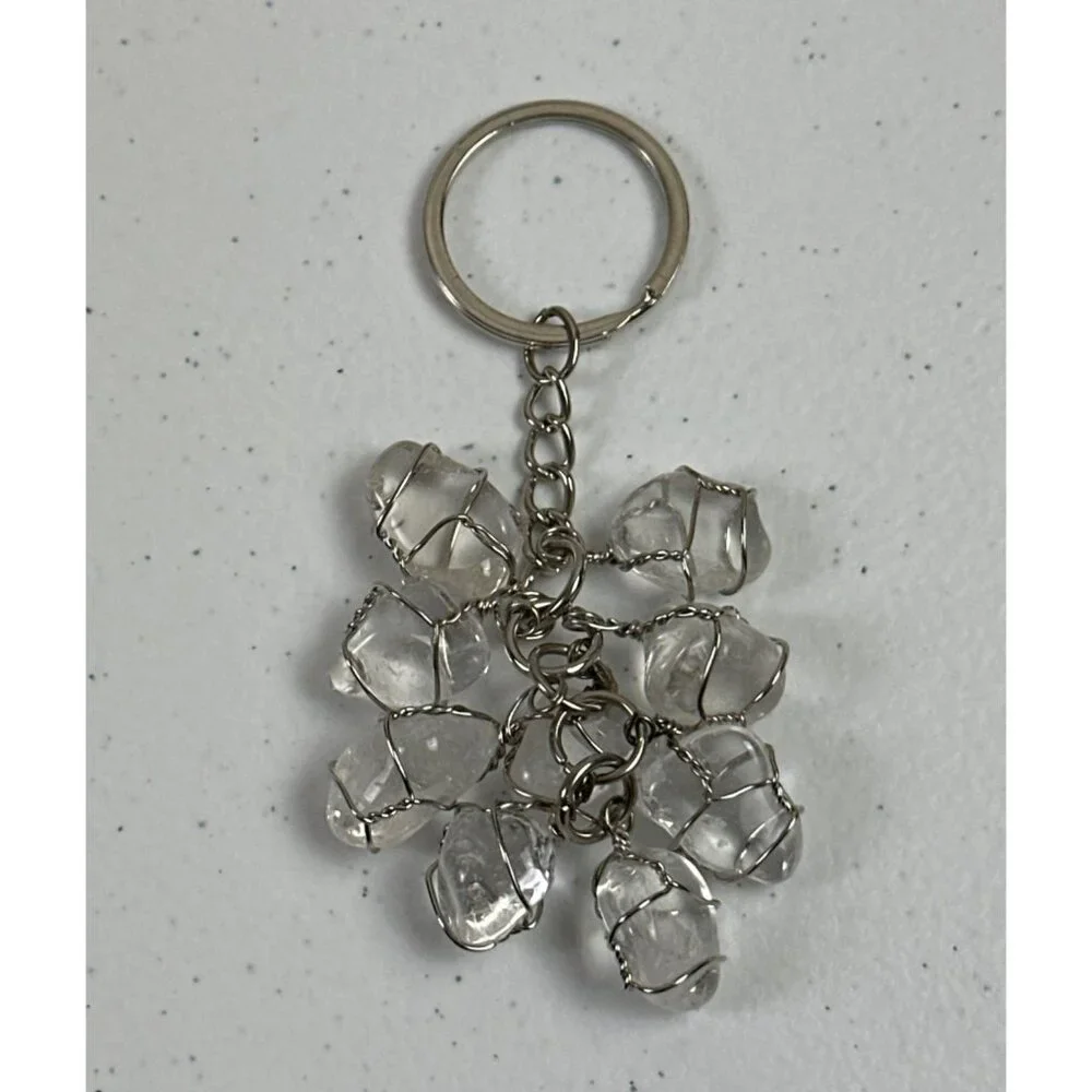 Stones Keychain Quartz Wire-Wrapped Clear Quartz Handcrafted Silver Wire Keychai